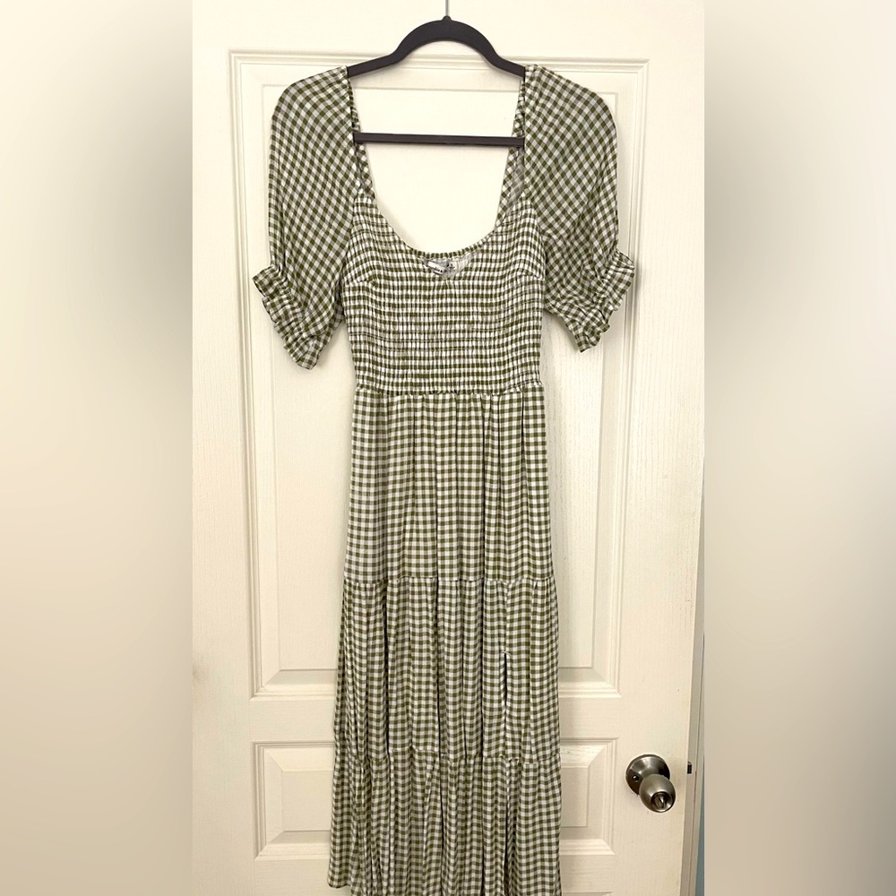 Abercrombie & Fitch Sage Green & White Gingham Puff Sleeve Midi Dress Size S